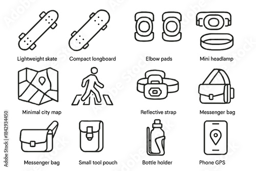 Vector minimal urban commuting icons longboard icon skateboard bag strap elbow knee