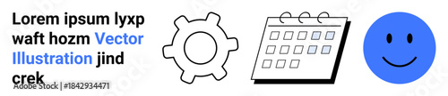 Business planning, time management, workflow optimization, personal development, communication, visualization. Black gear, calendar blue happy face and placeholder text. Workflow optimization