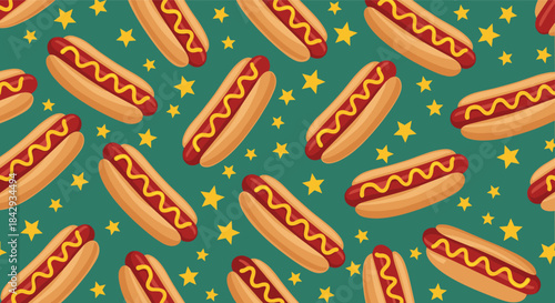 Vibrant seamless pattern featuring hot dogs with mustard on a teal background scattered with yellow stars to evoke a playful retro snack motif.