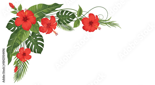 Vibrant tropical corner arrangement featuring bright red hibiscus blossoms surrounded by lush green monstera and palm leaves forming a decorative garden border.
