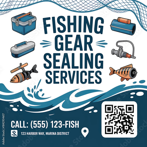 fishing products sealing shop flyer design with QR code phone number address and map icon