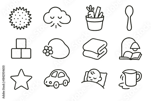 Veggie mindful icon discovery blanket toddler spoon ball icons boxes vector snack