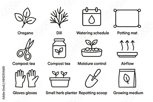 Planter indoor care vector jar tray tea herb schedule oregano scissors icon