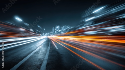 Dynamic night urban road with light trails from moving vehicles and blurred city lights