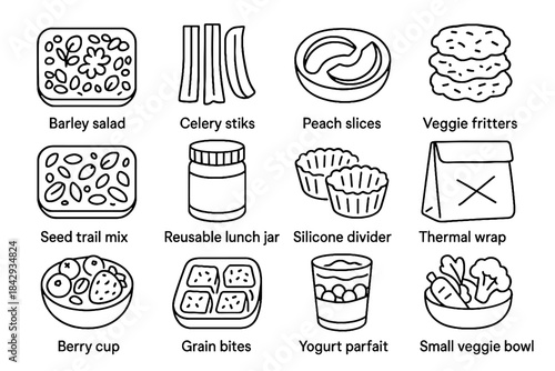Icons peach small healthy celery lunch vector lunchbox berry parfait icon veggie