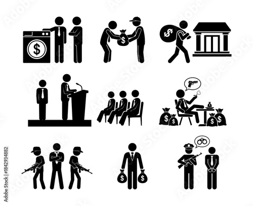 Business Crime and Corruption Stickman Icons – Money Laundering, Bribery, Security, Arrest, and Finance Silhouette Vector Set.