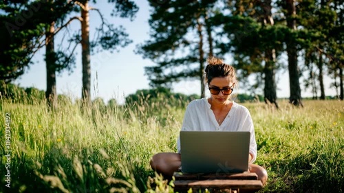 Young woman works on laptop while sitting in sunny meadow showing remote work freedom digital nomad lifestyle and connection with nature