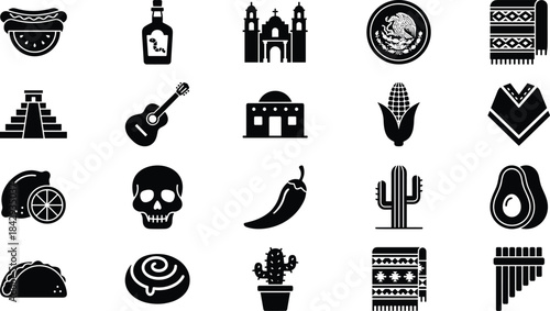 Mexican culture icon set featuring food, architecture, traditions, plants, and symbols in black silhouette vector style for design use