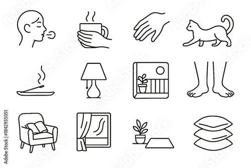 Minimalist lamp pillow warm icons rest grounding hold foot icon mat vector