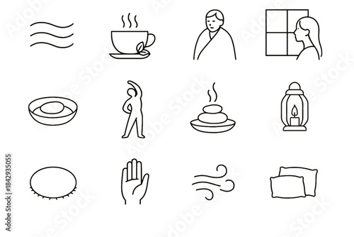 Plate grounding vector gentle icon set blanket mindfulness gaze herbal pause out