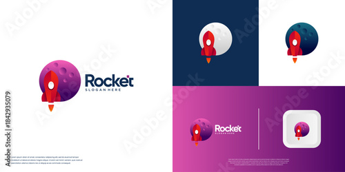 Modern rocket logo with moon background, modern abstract style, vector graphic template.