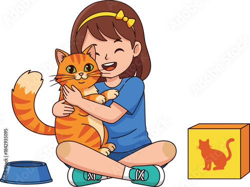 Cute little girl character happily hugging her domestic orange tabby cat, sitting with pet bowl and toy block, expressing unconditional love, joy, and animal companionship illustration.