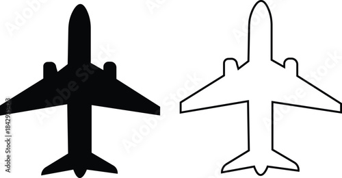 Black airplane icon set in flat and line style, aviation silhouette collection featuring jet, aircraft and flight symbol group, minimal monochrome transport vector illustration pack with synonym eleme