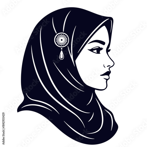 Beautiful muslim woman in hijab profile side view line art illustration