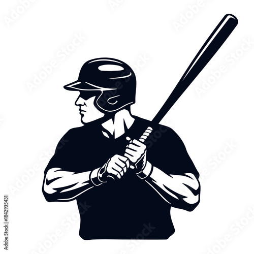 Baseball player holding a bat and helmet looking sideways silhouette