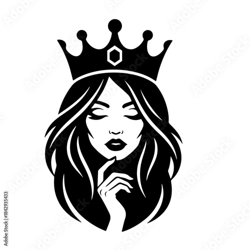 Beautiful queen logo with crown and long hair mysterious elegant woman design