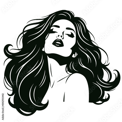 Beautiful woman with long flowing hair and closed eyes on transparent background