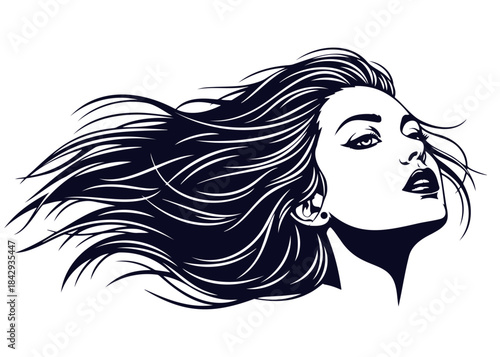 Beautiful woman with flowing hair side view fashion and beauty illustration