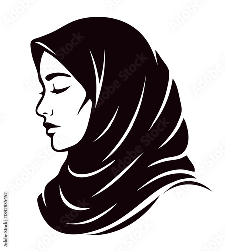 Beautiful young woman in hijab a black and white fashion portrait on transparent background