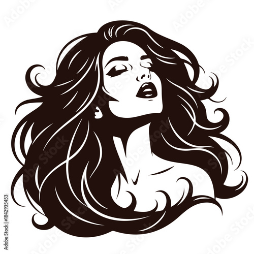 Beautiful woman with long flowing hair looking up with a sensual expression silhouette