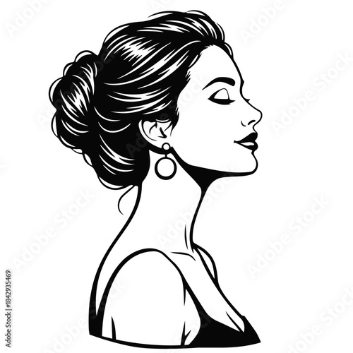 Elegant woman profile with chic updo hairstyle and stylish earring line art drawing