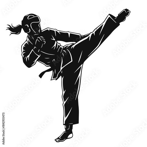 Female martial artist delivering a high kick in protective gear silhouette