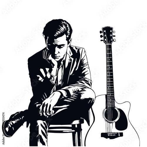 Man with guitar, vector black illustration, isolated, musician sitting on chair, portrait
