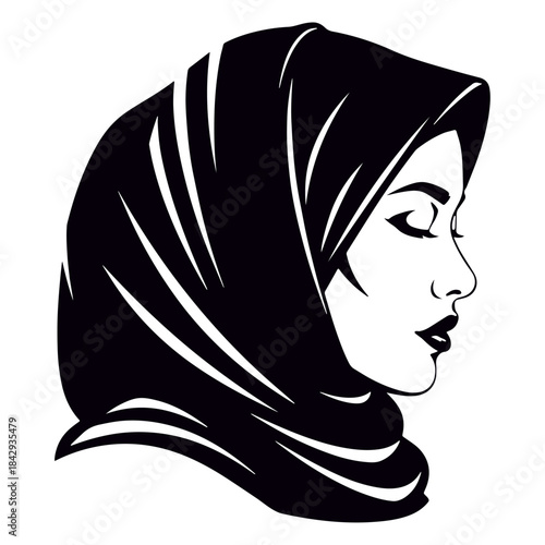 Muslim woman in traditional hijab headscarf modest fashion side profile line art