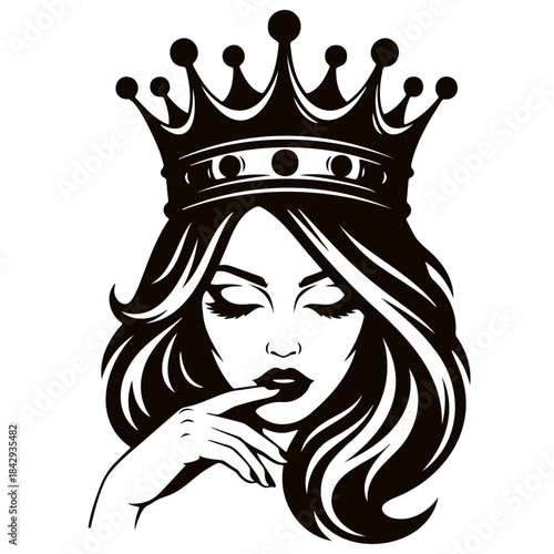 Mysterious queen with a crown and finger on lips beauty illustration