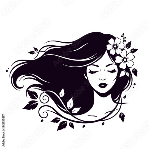Pretty woman with flowing hair adorned with flowers and leaves silhouette