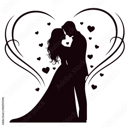 Romantic couple wedding silhouette embraced with hearts and decorative elements