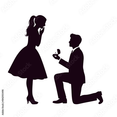 Romantic marriage proposal silhouette man kneeling offering ring to surprised woman