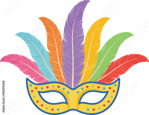 Vibrant Carnival or Masquerade Mask Vector Illustration with Bright Feathers and Yellow Decoration, Perfect for Mardi Gras, Party Invitations, and Celebration Events.