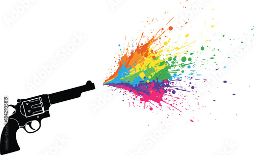 Creativity Defeats Violence A Symbol of Peace, Art, and Freedom, Where a Gun Barrel Shoots Vibrant, Exploding Rainbow Paint Splatters on White.