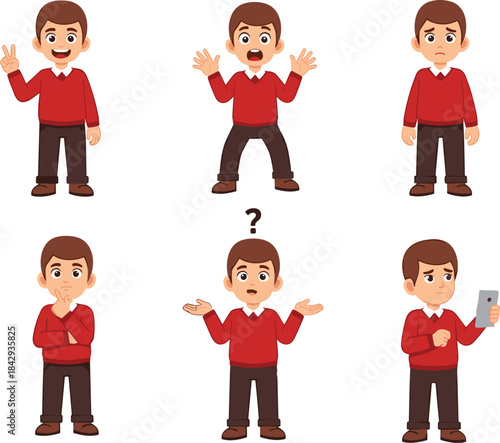 Young man character emotions set, six different poses happy, surprised, sad, thinking, confused, looking at phone, vector illustration.