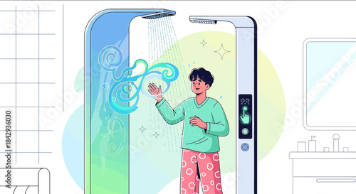 A futuristic shower experience with digital water control and personalized lighting in a