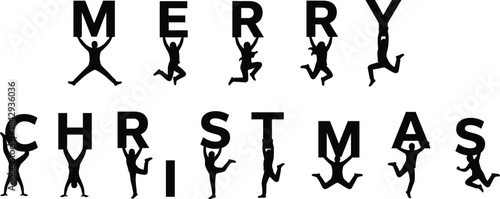 Silhouettes of Joyful People Figures Holding Up Black Letters that Spell MERRY CHRISTMAS, Representing Holiday Cheer, Celebration, and Festive Greetings.