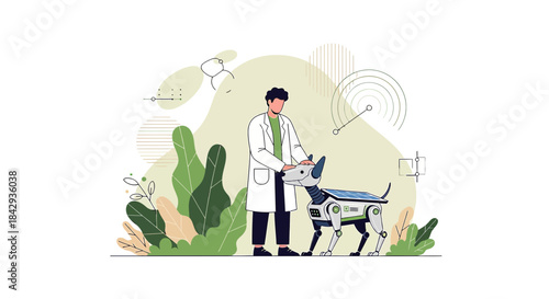 A futuristic veterinarian examining a robotic dog in a natural, technologically advanced environment