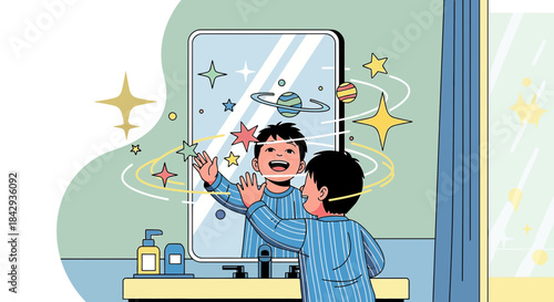 A joyful child explores imagination through a space-themed mirror illustration evoking wonder and
