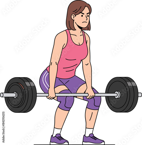 Strong young woman character lifting heavy barbell in deadlift training, showing weightlifting, fitness, and strength exercise for promoting healthy lifestyle, gym workout, and serious power 