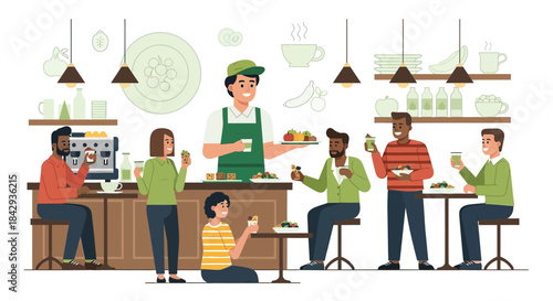 A vibrant and healthy eatery scene featuring diverse customers enjoying meals and beverages in a