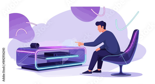 Abstract illustration of a person interacting with modern technology and furniture with neon light