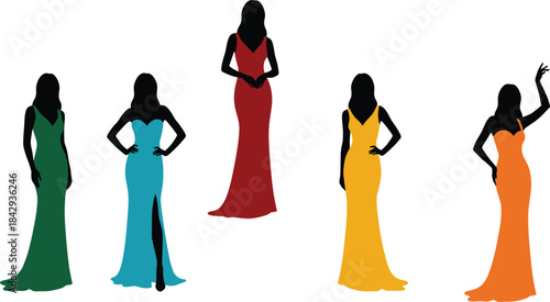Set of Five Female Silhouettes in Colorful, Elegant Long Evening Gowns, Representing Fashion, Glamour, Hollywood, Beauty Pageants, Red Carpet Events, and Formal Wear.