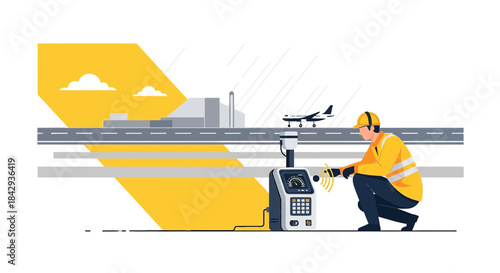 Airport Ground Staff using Equipment for Aircraft Communication and Maintenance Illustration