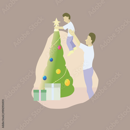 father and son are decorating the Christmas tree