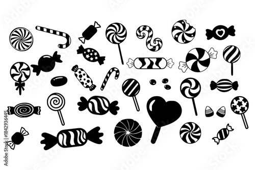 Set of Candy Silhouette Vector. A clean set of candy silhouette vector illustrations featuring simplified black shapes of assorted sweets. Ideal for icons, logos, patterns, packaging, labels