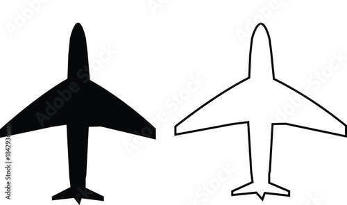 Black airplane icon set in flat and line style, aviation silhouette collection featuring jet, aircraft and flight symbol group, minimal monochrome transport vector illustration pack with synonym eleme