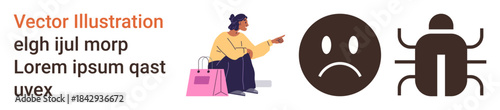 Cybersecurity, miscommunication, consumer alert, bug detection, online shopping issues, error identification. Person with shopping bags pointing to icons of sad face and bug. Cybersecurity