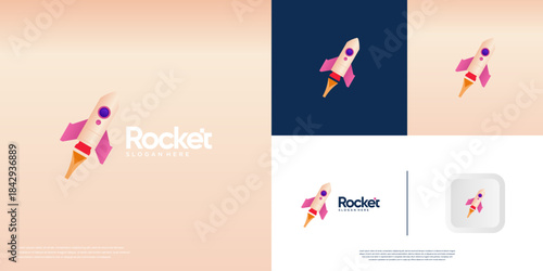Modern logo template with a rocket shape concept and symbols of future innovation, vector graphic illustration.