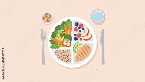 Balanced nutrition plate concept. Healthy food groups. Vegetables fruits grains protein chicken arranged diet meal. Portion control guide. Vector illustration. Weight loss. Eat well.